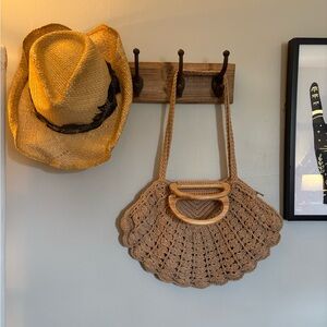Beige Crochet Handbag with Wooden Handles
